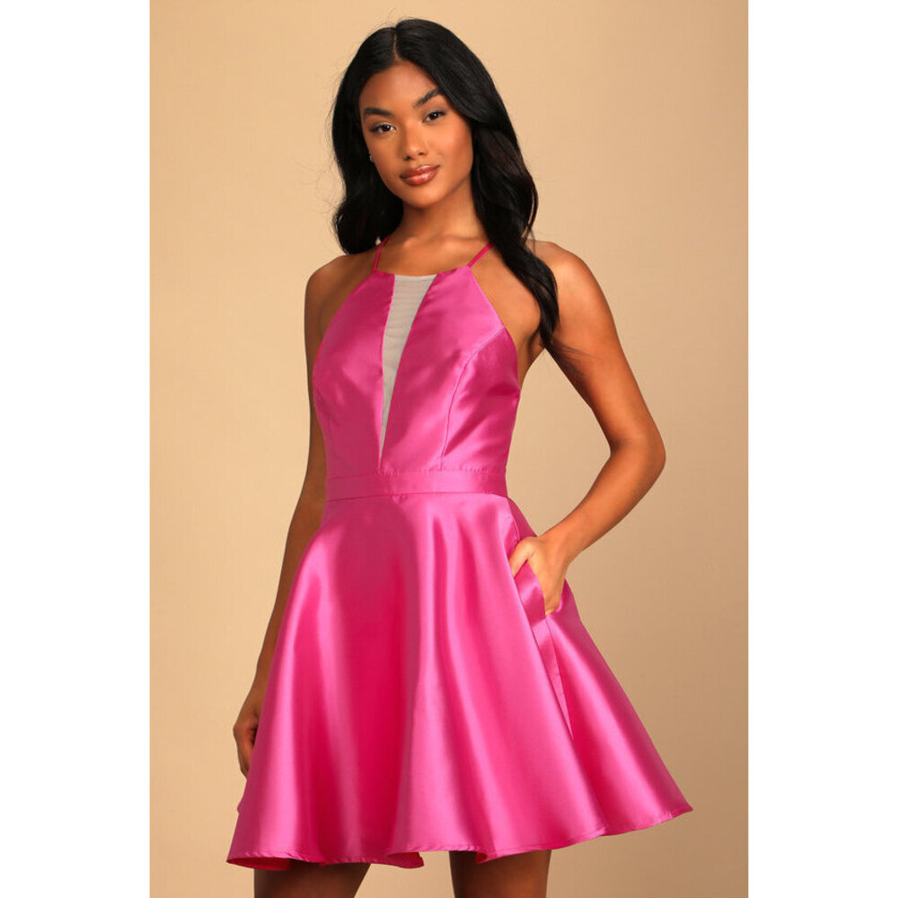 Lulus Take A Picture Hot Pink Satin Plunge Skater Dress With Pockets - Size M